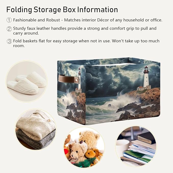 YETTASBIN Lighthouse Storage Basket 1pc, Large Collapsible Toys Clothes Organizer, Durable Canvas Storage Bin with Handle for Shelves Closet Laundry Home Office Decor
