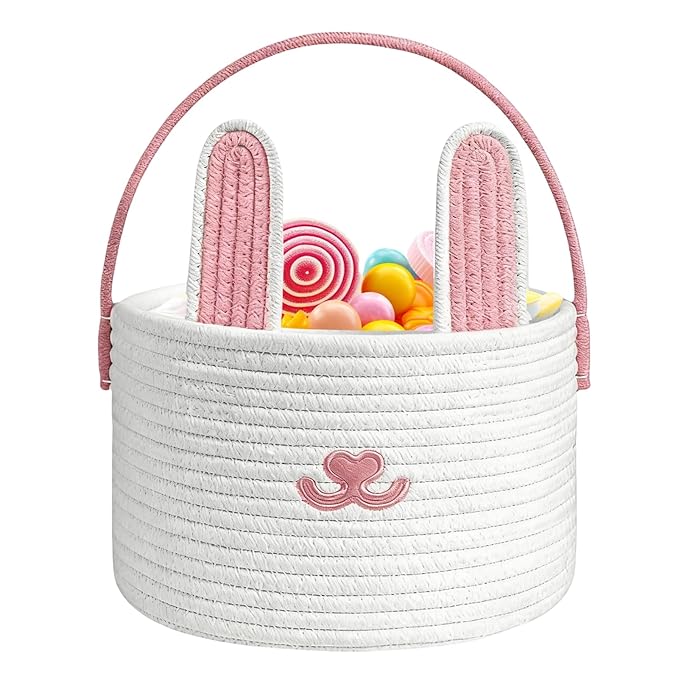 Woven Easter Basket - Cotton Rope Container, Easter Bunny Baskets with Handle for Boys Girls Candy Toys Snacks Party Holiday Spring Festival Gift Basket Kids Adults Decorative Storage Fun