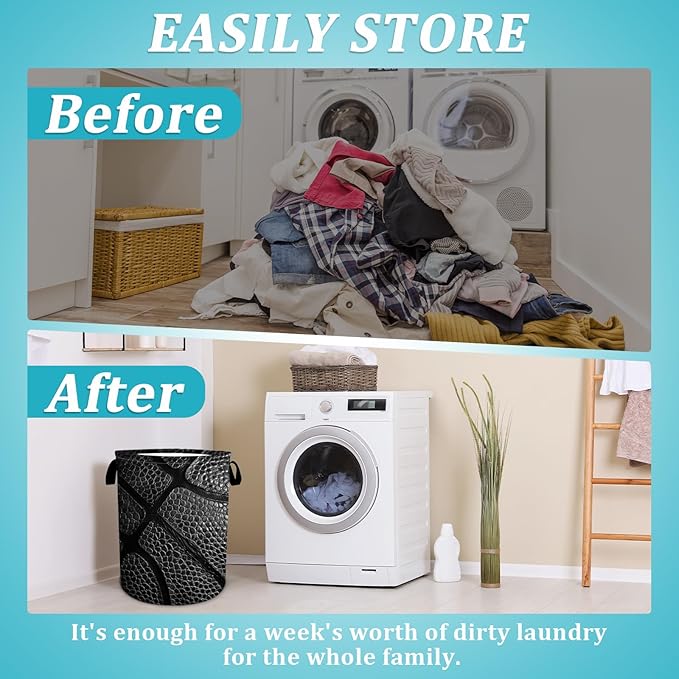 Basketball Texture Black Laundry Basket, Basketball Stripes Laundry Hamper Foldable Waterproof Tote Bag Dirty Clothes Storage Bucket Toy Organizer for Bathroom/Laundry/Bedroom 15.7"x19.6"
