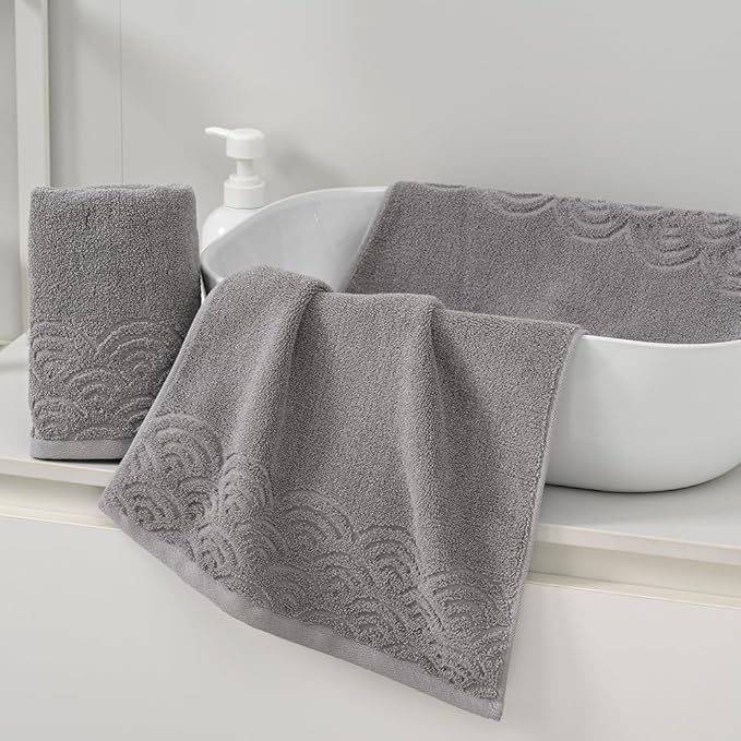 Grey Hand Towels Highly Absorbent 100% Cotton Ultra Soft Rippled Textured Edge Terry Decorative Hand Towel for Bathroom 13 X 29 inch, 2 Piece