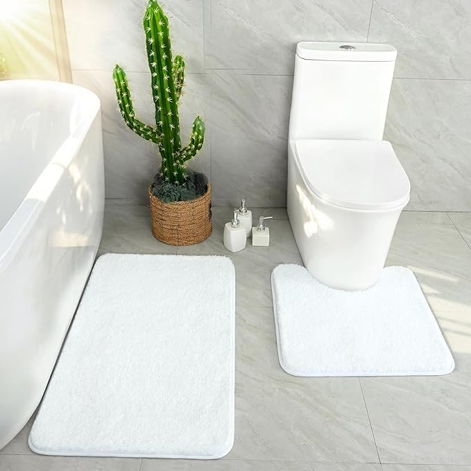 HOMORE White Bathroom Rug Set 2 Piece,Soft Absorbent Bath Mats Set,Machine Washable Bath Rug Sets for Bathroom Non Slip,(21"x34"+21"x21") Plush Shaggy U Shape Contour Toilet