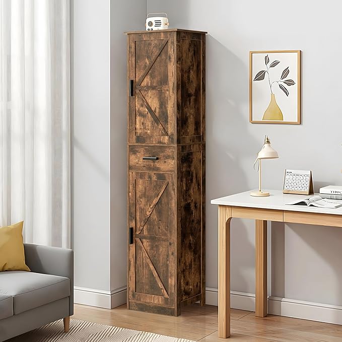 WEENFON Tall Bathroom Cabinet, Storage Cabinet with 6 Shelves & Drawer, Bathroom Storage Cabinet with Adjustable Shelves, Tall Cabinet for Living Room, Home Office, Brown