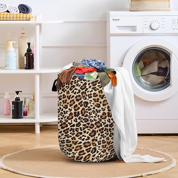 Brown Leopard Laundry Basket with Sturdy Handles, Natural Animal Skin Print Collapsible Oxford Cloth Laundry Hamper Organizer Basket for Bathroom Bedroom 15.7x20 Inch