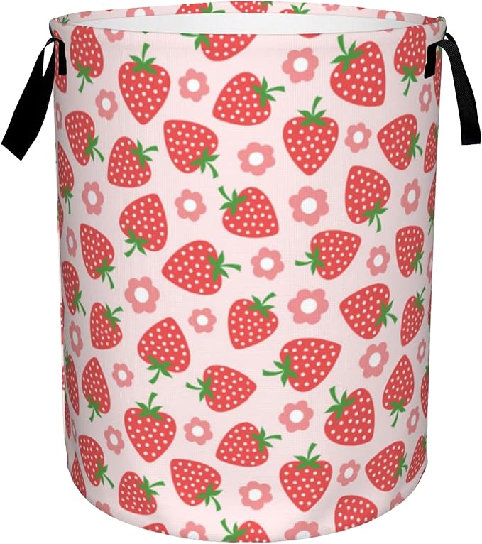 Pink Strawberry Large Storage Basket,Vintage Groovy Flower Laundry Hamper/Bathroom/Home Decor/Collapsible Round Storage Bin,Boys Girls Dirty Clothes Hamper/Boxes/Toys Storage 16x20 Inch