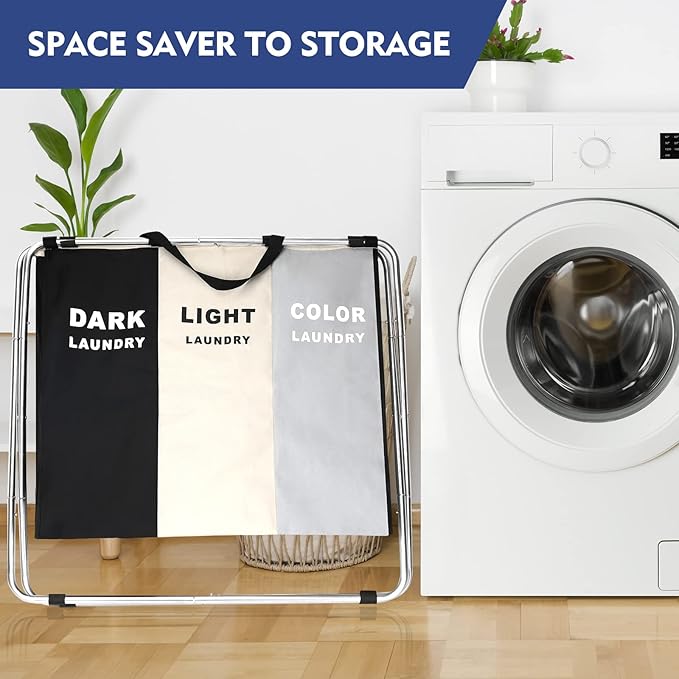 Laundry Cloth Hamper Sorter Basket Bin Foldable 3 Sections with stainless steel Frame Washing Storage Dirty Clothes Bag for Bathroom Bedroom Home Storage Basket(3 Liner, White+grey+black)