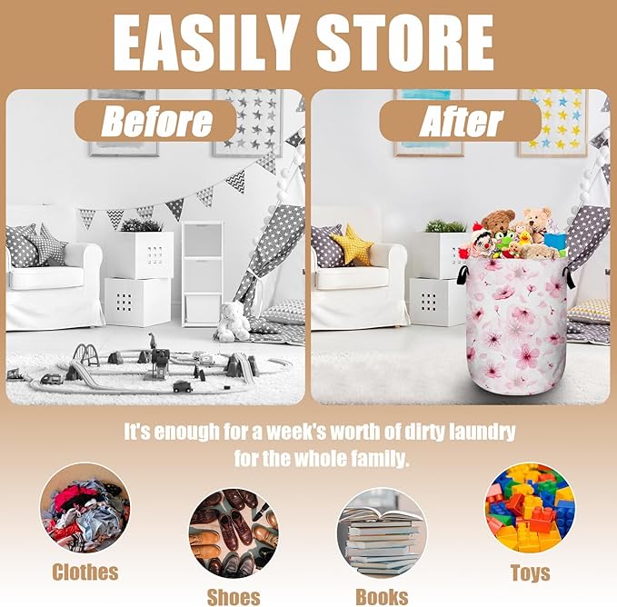 Watercolor Cherry Blossom Laundry Basket, Foldable Pink Flower Laundry Hamper Tote Bag Dirty Clothes Storage Bucket Toy Organizer for Bathroom/Laundry/Bedroom 15.7"x19.6"