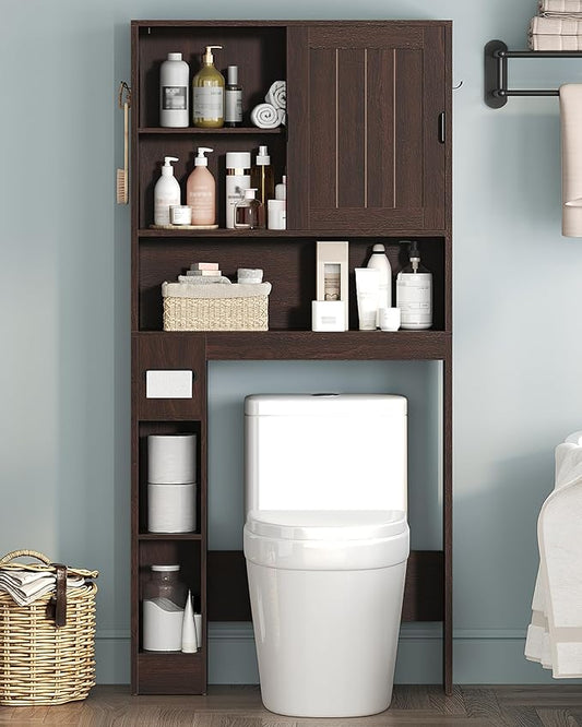 Over The Toilet Storage Cabinet, Farmhouse Storage Cabinet Over Toilet with Sliding Doors, Freestanding Bathroom Organizer with Adjustable Shelf, Space-Saving Toilet Rack, TSZB8001