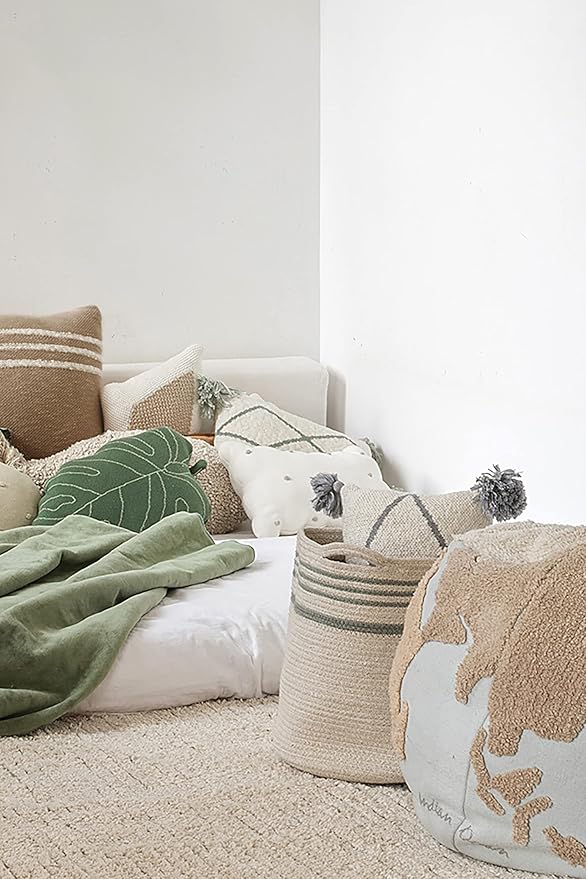 Lorena Canals Basket TWIN for kids' room in Vintage Blue/Natural color. Handmade by artisans in Natural Cotton and Non-Toxic Dyes-Size: 1' x Ø 1'