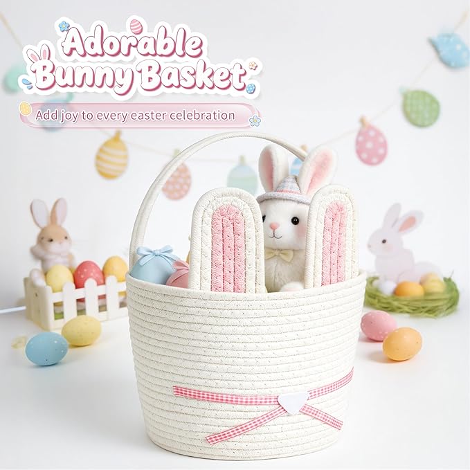 Easter Basket, Easter Bunny Basket with Removable Ears Woven Easter Egg Hunt Basket First Easter Gift Baskets Empty Easter Baskets Essentials Easter Bucket for Girls Boys Teens (Pink White)