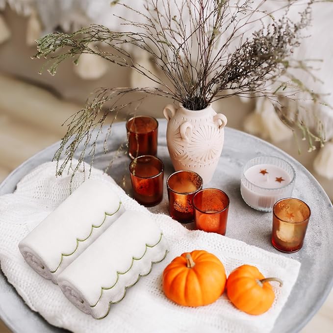 2 Pcs Scalloped Hand Towels 100% Cotton Fingertip Towels for Bathroom 15.75 x 27.56 Inch 600 GSM Cute Soft Absorbent Embroidered Decorative for Home Hotel(Sage Green,Classic)