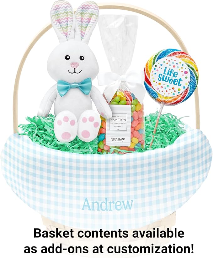 Let's Make Memories Personalized Easter Basket for Kids- For Boys - For Girls - Create Your Own - Fillable - Wicker - Easter Basket Stuffers - Small - Blue Spring Gingham