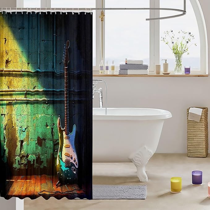Guitar Bath Curtain Music Themed Guitar Shower Curtain for Stalls Bathtubs Guitar Instruments Print Bathroom Shower Curtain Set Ultra Soft Decor Musical Pattern Waterproof Bathroom Curtains 72x84 Inch