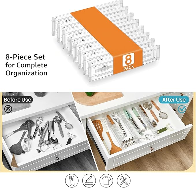 Acrylic Drawer Dividers for Clothes, Adjustable 11–20 Inch Expandable Deep Dresser Drawer Dividers, Clear Drawer Separators for Baby Clothes, Underwear, Kitchen, Office & Home Storage