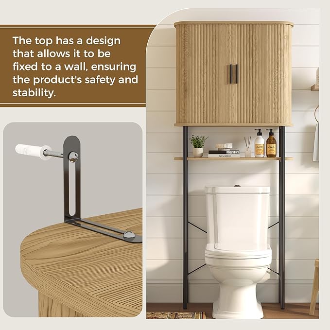 Over The Toilet Storage Cabinet with 2 Sliding Doors, Adjustable Shelf Bathroom Organizers and Storage with Anti-Tip Device, Waterproof, Space Saver for Bathroom, Restroom, Laundry, Natural