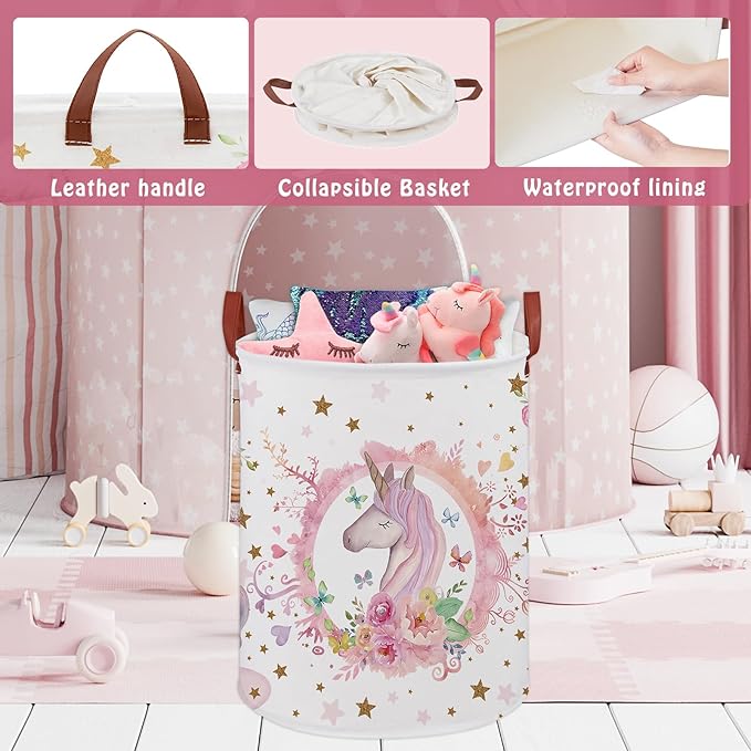 Unicorn Baby Girl Laundry Hamper, Unicorn Room Decor Kids Basket,Rainbow Toddler Storage Toy Box,Cute Clothes Book Toy Bin for Bedroom Bathroom (Pink)