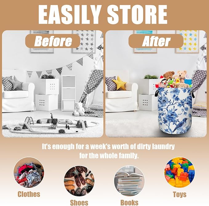 Blue Flower Bird Laundry Basket, Foldable Waterproof Laundry Hamper Tote Bag Dirty Clothes Storage Bucket Toy Organizer for Bathroom/Laundry/Bedroom 15.7"x19.6"