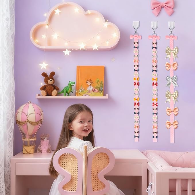 8 PCS Pink Bow Holder for Girls Hair Accessories Organizer, Hair Bows Clips Headband Storage Display Wall Hanging for Baby Room Nursery Decor