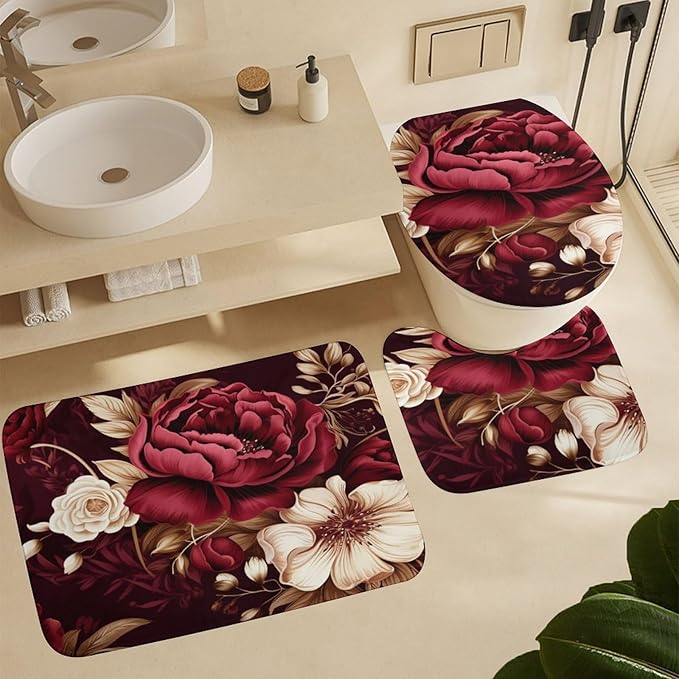 4 Piece Decor Shower Curtains Sets Rug Toilet Lid Cover and Non-Slip U Shape Mat Elegant Burgundy Floral Waterproof Fabric Bath Curtain Red and White Floral for Bathroom Decor Set