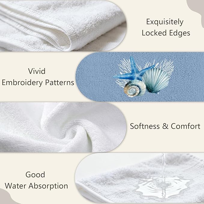 4 Pcs Ocean Hand Towels for Bathroom Shells Hand Towels Blue Embroidered Towel Coastal Bath Towel Decorative Set Bathroom Decor Bath Shower Farmhouse Decor Housewarming Gift Shell Home Essentials