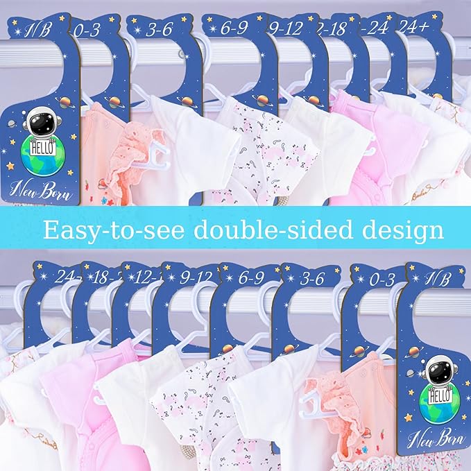 Baby Closet Dividers for Clothes Organizer - Set of 8 Wooden Double-Sided Blue Baby Clothes Size Hanger Organizer from Newborn to 24 Months for Daycare Wardrobe, Boy Nursery Decor