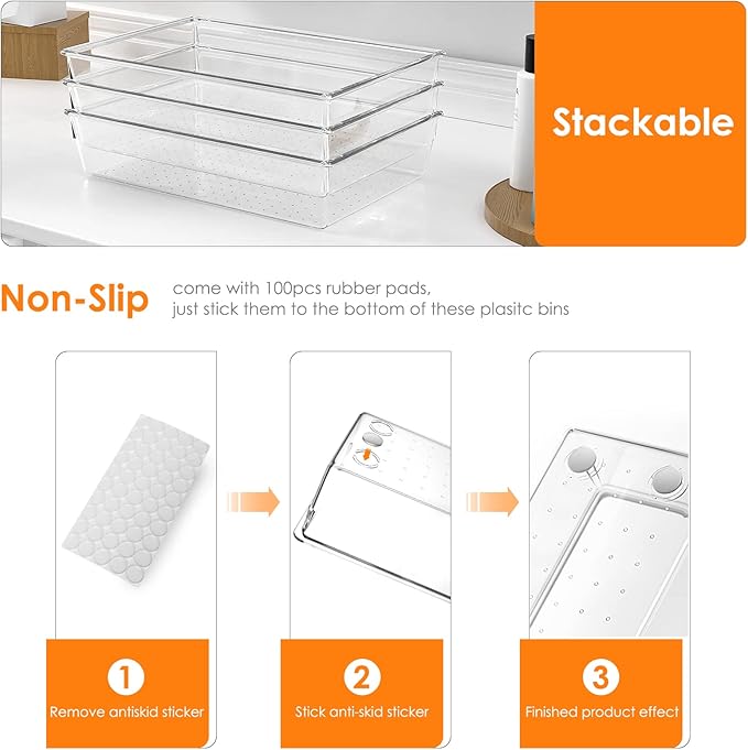 25 PCS Clear Plastic Drawer Organizer Set, Non-Slip/Crack Bathroom Vanity Drawer Organizer Trays Dividers, Versatile Storage Bins for Makeup, Jewelry and Office, Desk, Bathroom, Bedroom, Kitchen
