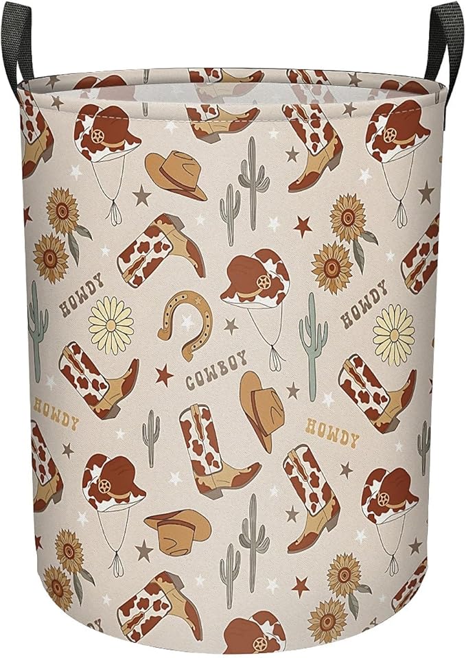 Western Cowboy Cactus Laundry Basket for Boy, Large Canvas Collapsible Organizer Storage Laundry Hamper Basket for Nursery,Office,Toy Organizer,Home,Decor - 19.7" X 15.7 "