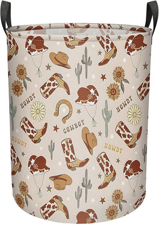 Western Cowboy Cactus Laundry Basket for Boy, Large Canvas Collapsible Organizer Storage Laundry Hamper Basket for Nursery,Office,Toy Organizer,Home,Decor - 19.7" X 15.7 "