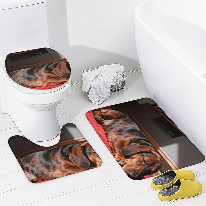 4 Piece Bathroom Rug Set with Shower Curtain, Non-Slip Bath Mat Toilet Cover Set, Dachshund Bathroom Rug Sets