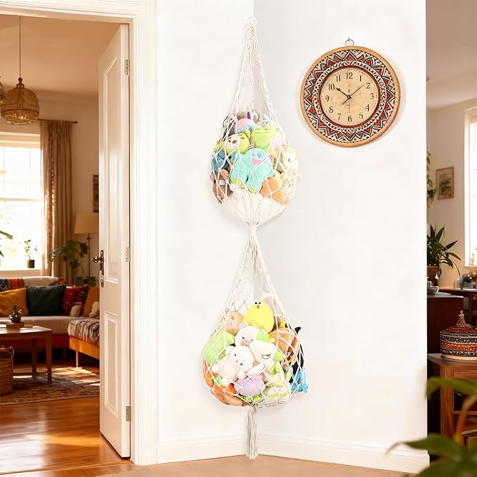 Large Stuffed Animal Net Corner Stuffed Animal Storage Hammock for Kids' Wall Room Decor Hanging Toy Storage Plushie Net Organizer Holder Kids Baby Nursery Wall Bedroom Home Decor (2 Tier, XXL)