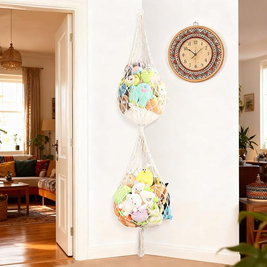 Large Stuffed Animal Net Corner Stuffed Animal Storage Hammock for Kids' Wall Room Decor Hanging Toy Storage Plushie Net Organizer Holder Kids Baby Nursery Wall Bedroom Home Decor (2 Tier, XXL)