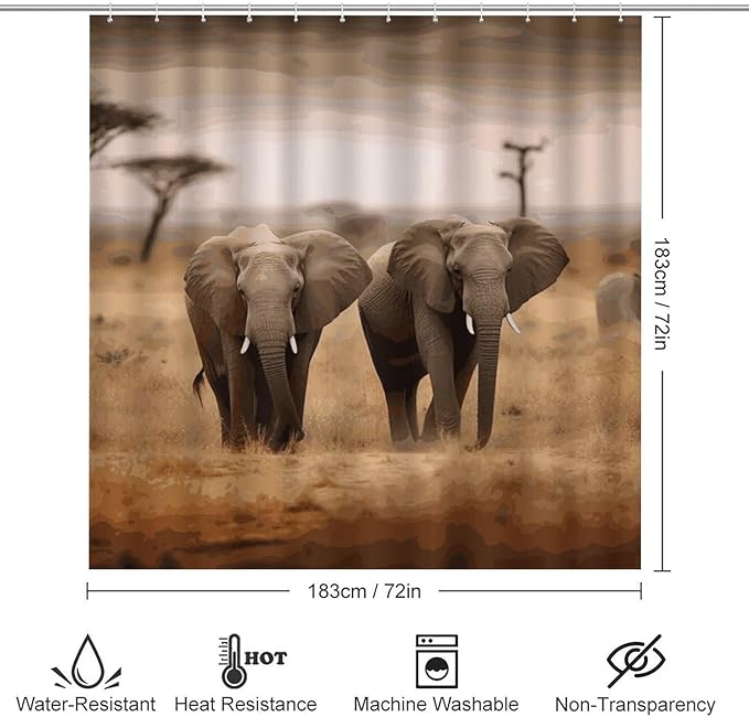 4 Piece Bathroom Rug Set with Shower Curtain, Non-Slip Bath Mat Toilet Cover Set, Wild Animals Elephants Bathroom Rug Sets