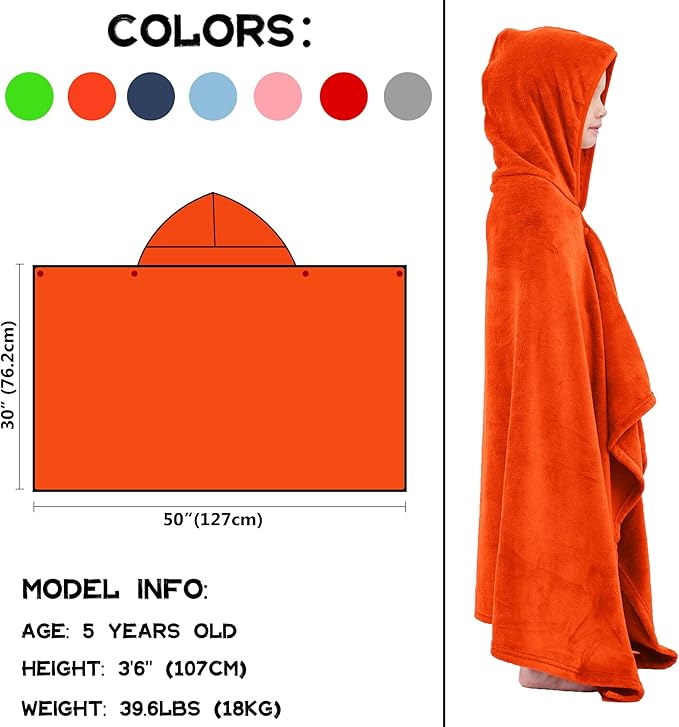 Hiturbo Kids Hooded Bath Towel: Soft Plush Pool Beach Fleece Towel Blanket - 50"x30" Toddler Towels Wrap for Boys Girls 3-12 Years (Orange)