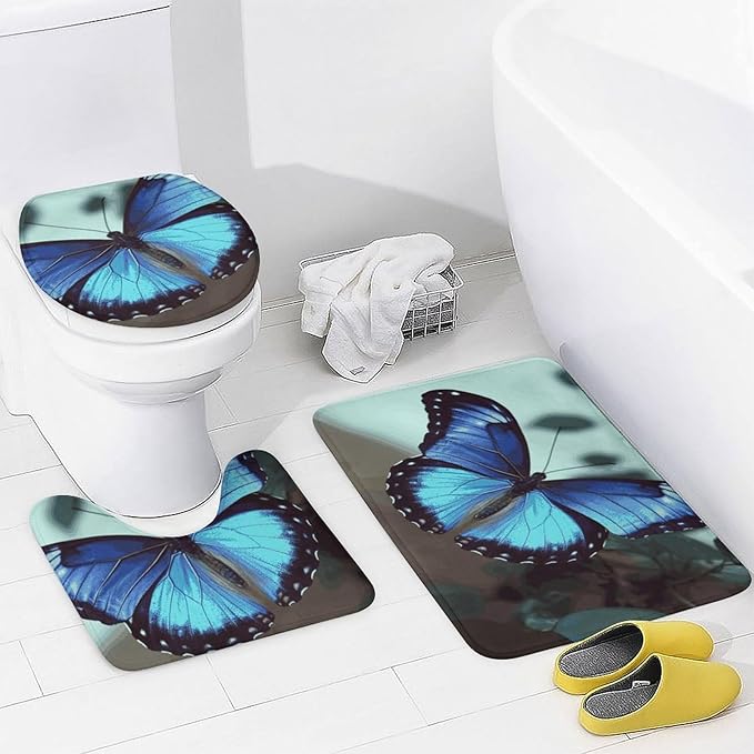 4 Piece Bathroom Rug Set with Shower Curtain, Non-Slip Bath Mat Toilet Cover Set, Blue Butterfly Bathroom Rug Sets