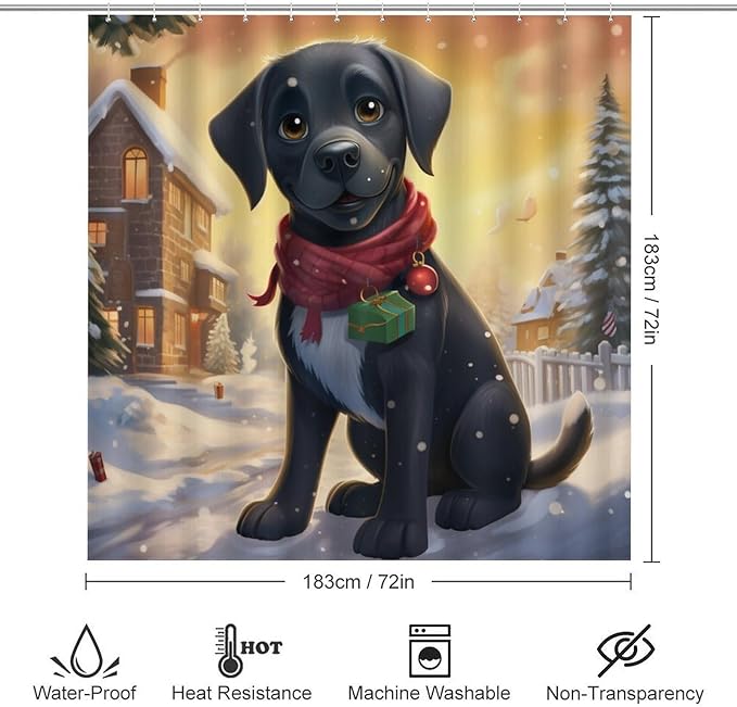 4 Piece Shower Curtain Sets Rug Toilet Lid Cover and Non-Slip U Shape Mat Happy New Year Black Labrador Durable and Waterproof Labrador Lover Gifts for Bathroom Decor