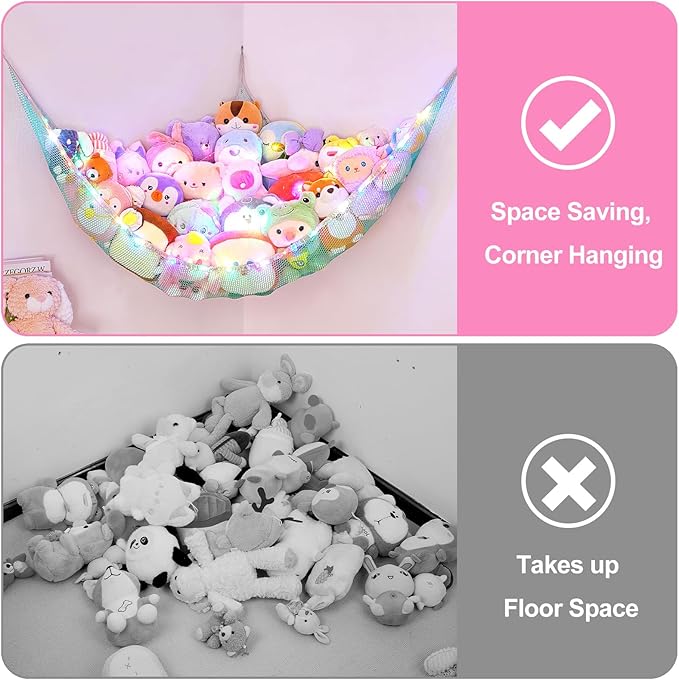 Basumee Stuffed Animals Net or Hammock with LED Light Hanging Toy Net Hammock for Stuffed Animals Storage Stuff Animals Hammocks for Nursery Room with Remote Control, 8 Kinds of Lights(Pack of 1)