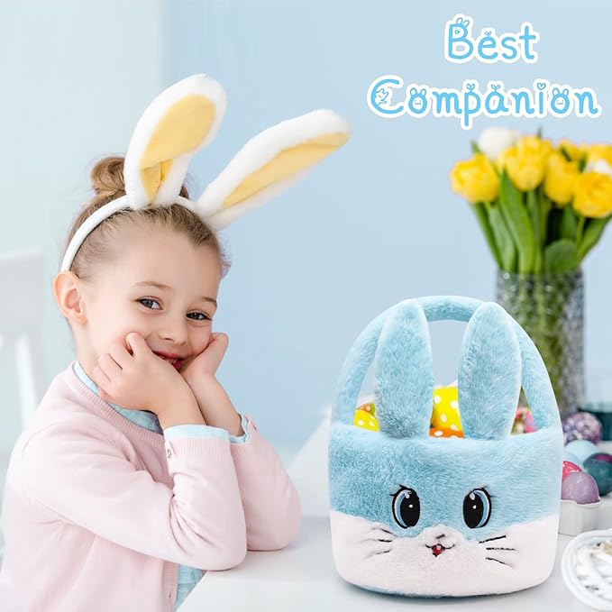 Easter Basket for Kids, Easter Baskets with Handle for Easter Eggs Hunting, Easter Bunny Basket Blue Bunny Bags, Easter Theme Party Favor Easter Gifts for Girls Boys (Blue)