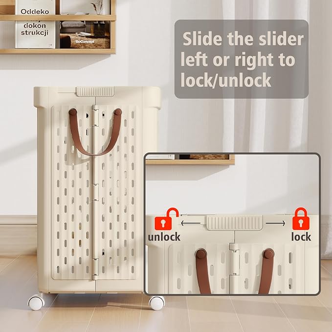 UAK Plastic Laundry Basket with Wheels & Handle, 67L Heavy Duty Foldable Laundry Hamper – Easy Clean Waterproof Rolling Organizer for Bathroom & Laundry Room, Ivory