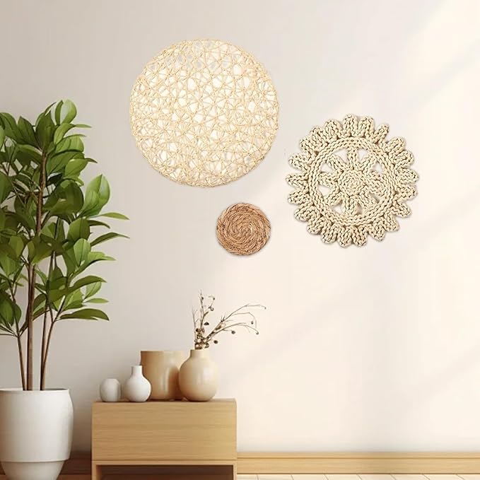 Boho Wall Baskets 7Pcs/Set Different Size & Style Boho Wall Basket Decor Straw Woven & Round Decorative Art for Living Room, Bedroom, Farmhouse, Nursery.