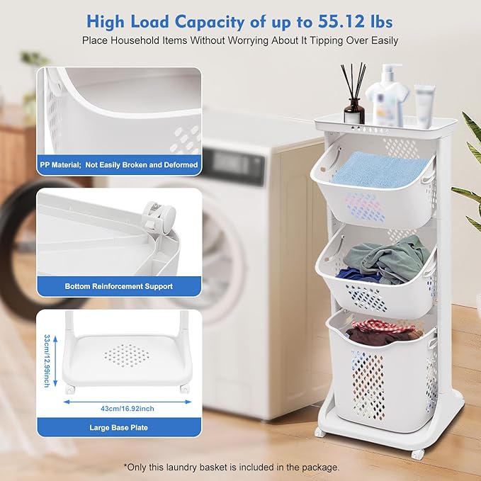 3-Tier Storage Basket Laundry Basket Rolling Cart Washing Hamper Storage Bin Shelf Multifunctional rotating laundry basket organizer Removable Clothes Laundry Basket for Kitchen Living Room
