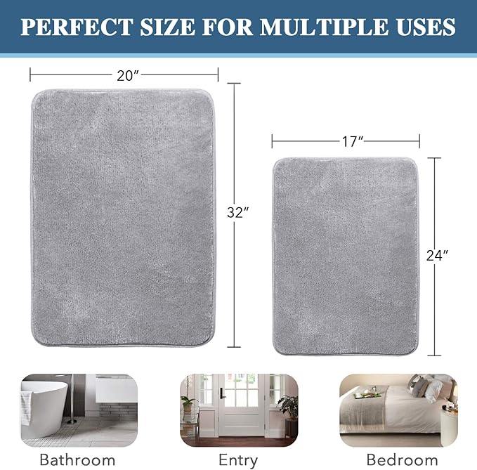 H.VERSAILTEX Bath Mat Memory Foam Set Bathroom Rug Set Flannel Velvety Bath Mat Luxury Extra Soft and Absorbent Non Slip Rugs for Bathroom/Bedroom Washable(2 Pack- 20"x 32"/ 17"x 24", Grey)