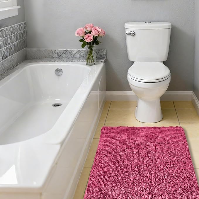 Hot Pink Bathroom Rugs 24"x36" - Plush Chenille Non-Slip Bath Mat - Absorbent, Washable, Soft and Thick Decor for Shower, Sink, Tub, Home Accessories