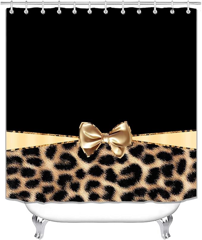 4PCS Leopard Print Shower Curtain Sets With Rugs, Waterproof Fabric Black Shower Curtain, Girly Golden Ribbon Bow Bowknot Cat Cheetah Print Safari Animal Skin Modern Women Girls Bathroom Decor