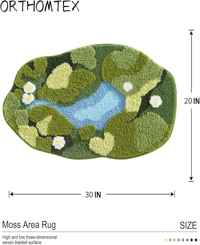 3D Moss Bath Mat - Ultra Thick & Soft, Water Absorbent, Non-Slip Bathroom Rug for Shower Floor, Bedroom Decor | Moss Green, Oval (20"x32")