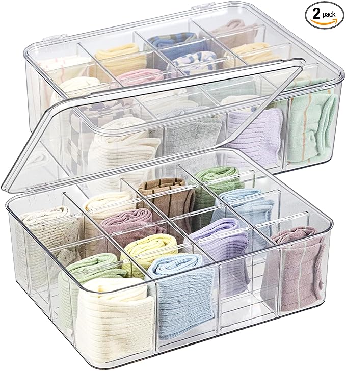 Plastic Clear Storage Containers, Set of 2, Sock Organizer Divided Boxes with Lids, Underwear Drawer Organizer, Tie Dresser Organizer (11.8×9.4×3.9")