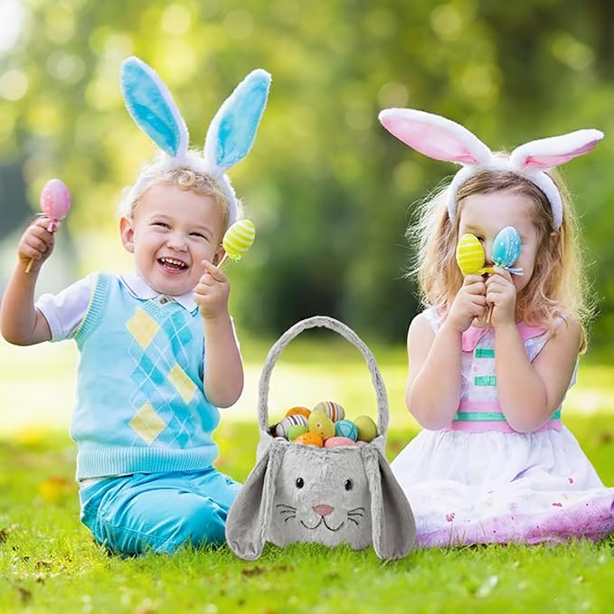 Easter Bunny Basket,Cute Easter Bucket Bags with Rabbit Ears for Easter Eggs Hunting,Easter Decorations,Candy Gifts Storage (Grey/White)