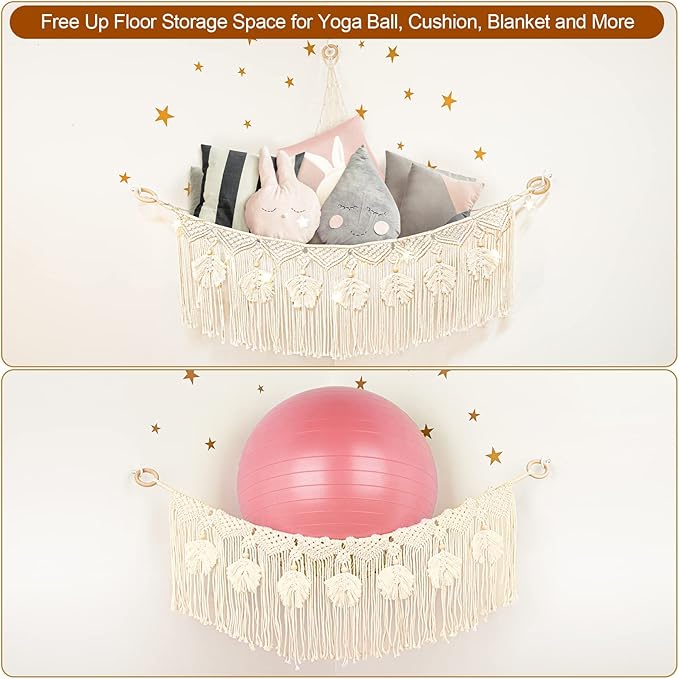 ANROYE Macrame Stuffed Animal Toy Net Hammock with Star Light, Small Plushies Boho Storage for Nursery, Corner Wall Hanging Organizer for Kid, Bohemian Woven Decor Display Holder for Girls Boy Gift