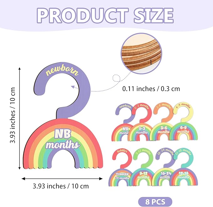 Baby Clothes Dividers for Closet - Set of 8 Wooden Baby Size Closet Dividers Newborn to 24 Months, Newborn Organizer for Boys Girls - Rainbow Baby Nursery Decor Kit Newborns Gift Baby Shower