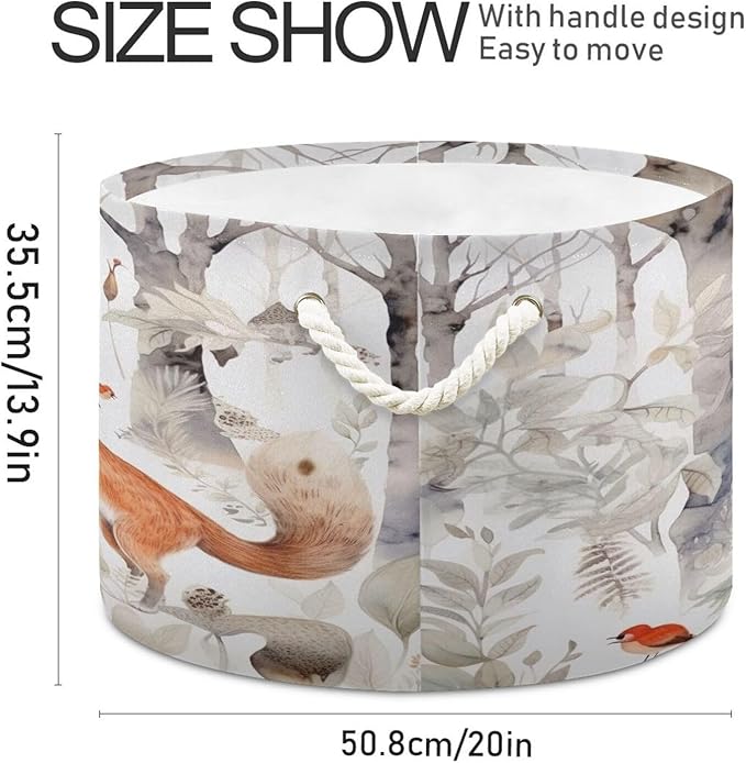Blanket Storage Basket for Living Room - Cute Forest Fox Large 20"x20"x14" Cotton Rope Handles Laundry Basket, Foldable for Toy Storage, Blanket Basket