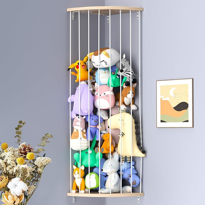 Corner Stuffed Animal Storage Zoo, Large Adjustable Solid Wood Plush Toy Organizer, Hanging Stuffie Holder Shelf & Cage with Engraved Dinosaur Star Moon for Kids Nursery Playroom