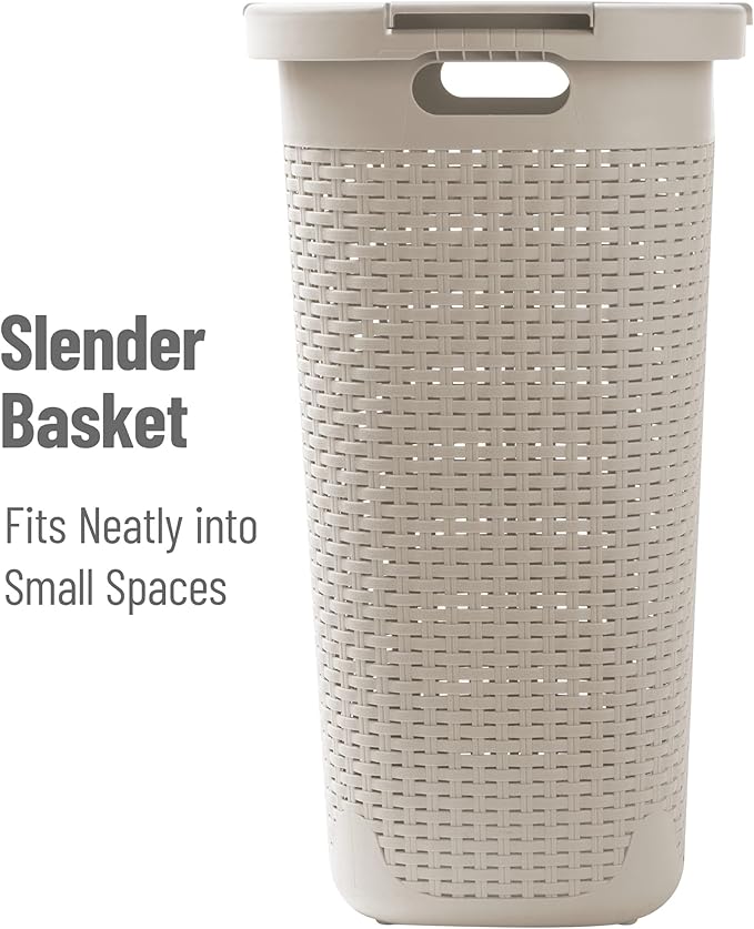 Mind Reader Slim Laundry Hamper with Lid, 60L Clothes Baskets, Premium Wicker Design, Plastic, 2-Pack, Ivory